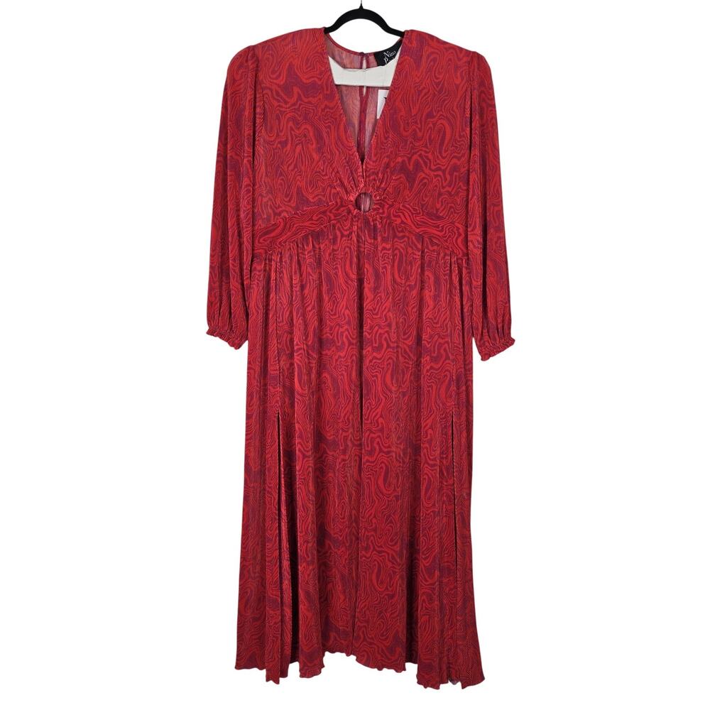 Nina Parker Dress Womens 3X Red Geometric Cutout Maxi Puff Sleeve Pleated Party